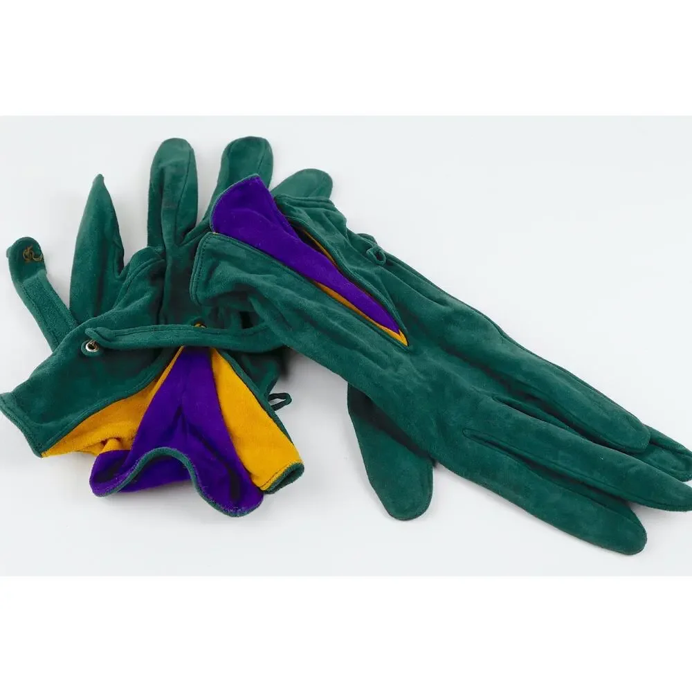 Vintage Emerald Green Suede Leather Colorblock Fan Ruffle Gloves Size 7.5